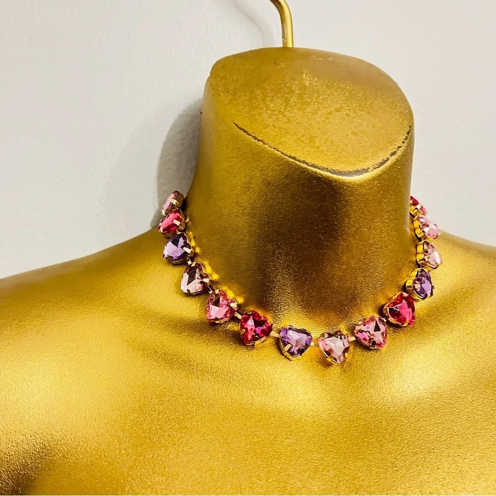 Valentine Heart Crystal Necklace – Pink Purple Gem Choker – Gift Bundle